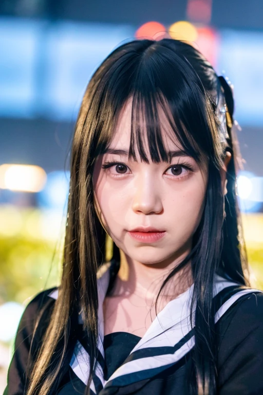 best quality, ultra high res, (photorealistic:1.4), 1girl, the girl wearing black sailor uniform, long hair, night, city scape background, city light, cinematic lighting, 80s filter, zoom to face, detailed face , looking at viewer, front view