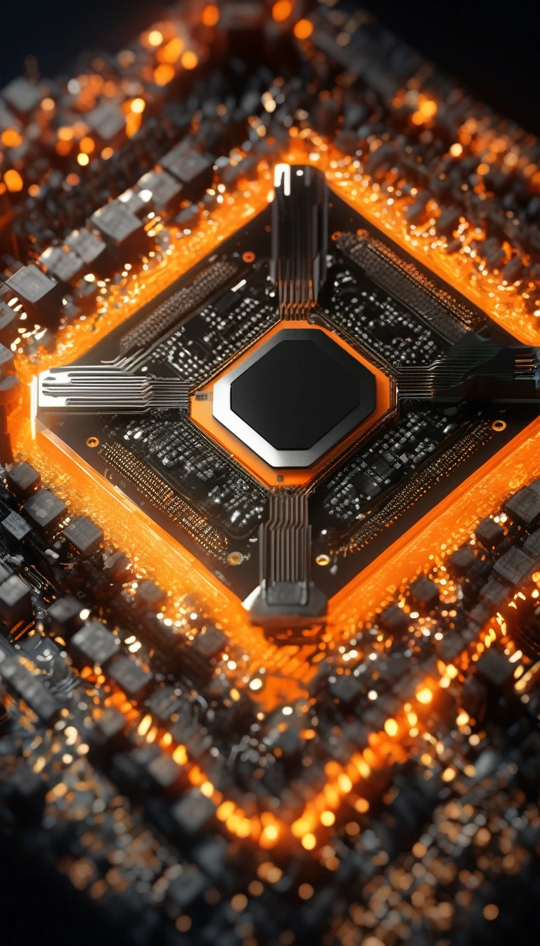 Orange,Chipset,Product Close-up,Close-up of the Photogram,Rendering,C4D,AI intelligence,Binary data stream,3d多重architecture,ultra-high definition texture details,integrated circuit,cpu,network,Data Stream Channel,Special effect,(The emitted light converges in the middle:1.5),container_architecture