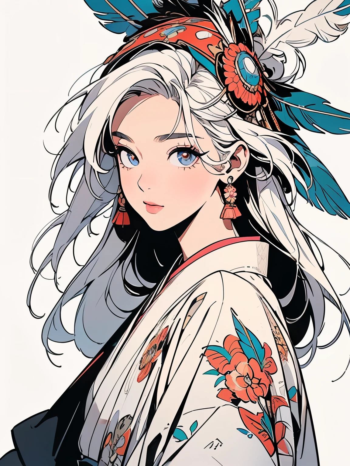 kimono, 完璧なkimono, 詳細なkimono, first-class, Super detailed, White background only, (((Super detailedな装飾))),One Woman, Perfect Face, Faint lighting, (((head shot))), Super detailedな髪、(((Sparkling Eyes))),mysterious, The wind is blowing, Apparition, Japanese style, Panorama, Long Shot,  (((Narrow-eyed beauty))),(((Indian-style feather headdress on head))),Upper Body,(((Complex eye pattern)))、(((He wears an intricate bird-head mask on his head.)))、A beautiful woman、Detailed face、Best quality face、Large feather ornament、(((White Hair)))、peacock feathers