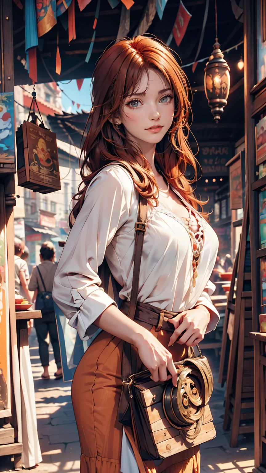 Photorealistic photo of a young redhead woman strolling through an old market in Thailand, A kind smile, art:midjorney, Luminism, The ultimate in complex shadow and light contrast, An award-winning IPA, Artistic Lens, Warm colors, art:Tim Burton
