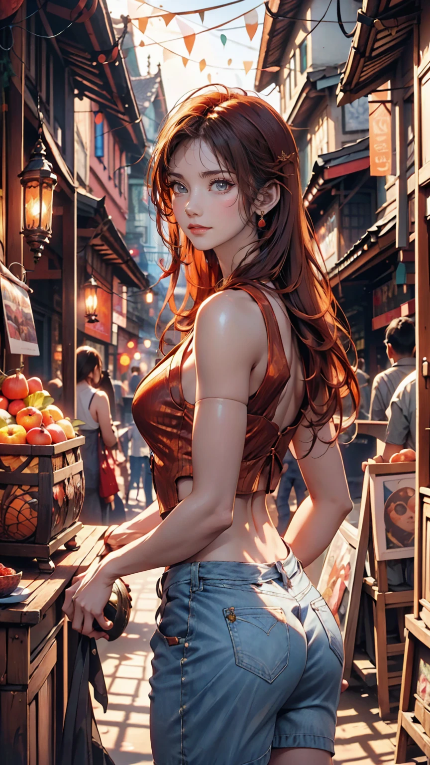 Photorealistic photo of a young redhead woman strolling through an old market in Thailand, A kind smile, art:midjorney, Luminism, The ultimate in complex shadow and light contrast, An award-winning IPA, Artistic Lens, Warm colors, art:Tim Burton