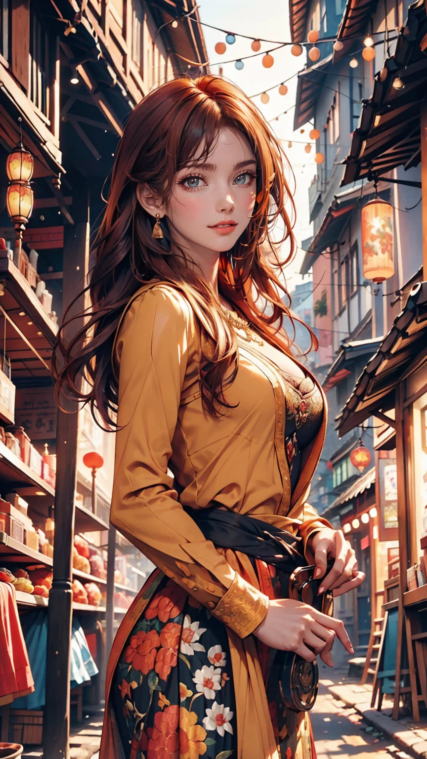 Photorealistic photo of a young redhead woman strolling through an old market in Thailand, A kind smile, art:midjorney, Luminism, The ultimate in complex shadow and light contrast, An award-winning IPA, Artistic Lens, Warm colors, art:Tim Burton