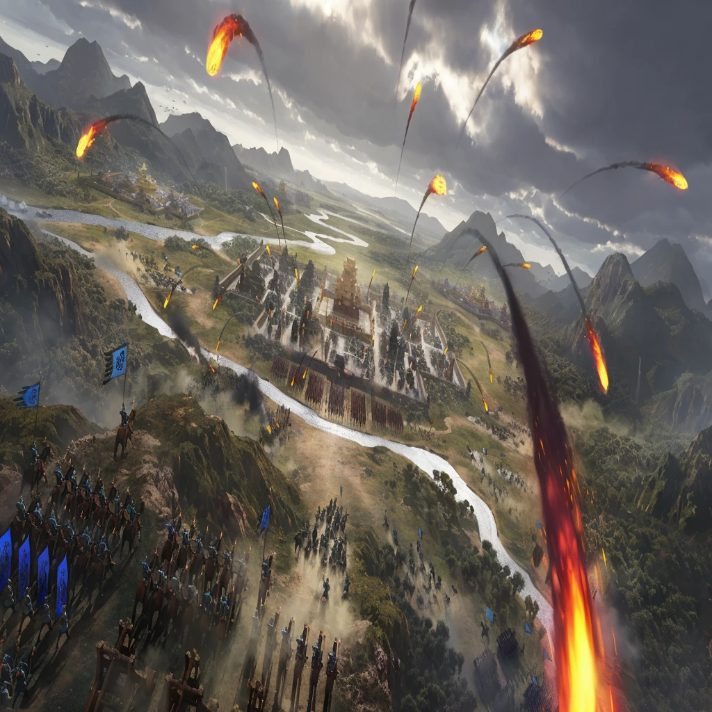 On cloudy days，Many fireballs flying over the city, Beautiful rendering of the Tang Dynasty, Three Kingdoms of China, Background Air Combat, author：Yang J, from three kingdoms, Game Art Painting, An ancient city engulfed in fire, author：Ni Yuanlu, by Liang Kai, Epic battle scenes, Pan Chengwei on artstation, by Li Zai