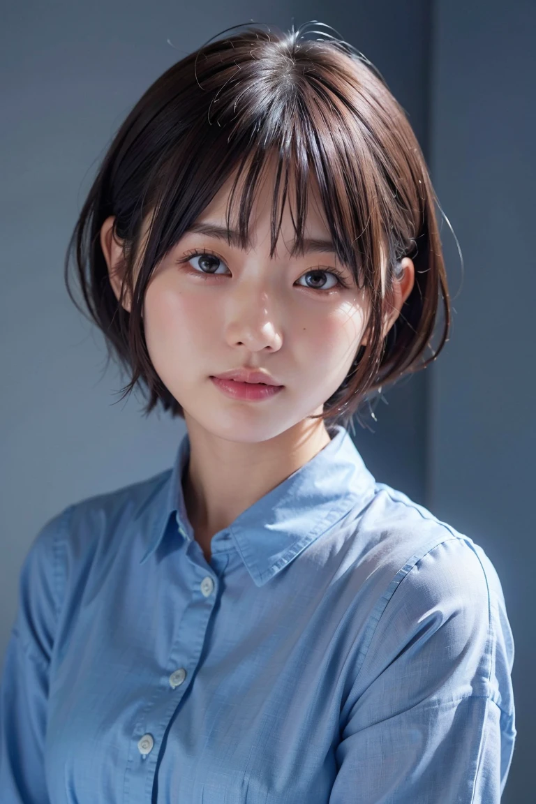 1 very cute girl、12 years old、short hair、Gray Hair、Moisturizes hair、reduce hair volume、Blue background、Upper Body、(head shot:1.5)、Eyes focus、Collared shirt、Laughter、、(8K、RAW Photos、Highest quality、masterpiece:1.2)、(Realistic、Realistic:1.3)、Hmph、The depth of the written world、Wide Light、High Contrast、(Shine:1.4)、chromatic aberration、Sharp focus、Raw color photography、Cinema Lighting、8K resolution、