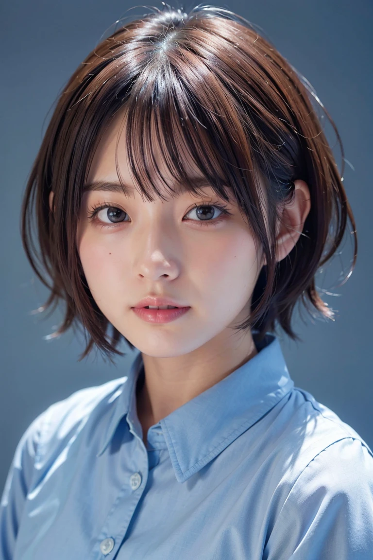 1 very cute girl、12 years old、short hair、Gray Hair、Moisturizes hair、reduce hair volume、Blue background、Upper Body、(head shot:1.5)、Eyes focus、Collared shirt、Laughter、、(8K、RAW Photos、Highest quality、masterpiece:1.2)、(Realistic、Realistic:1.3)、Hmph、The depth of the written world、Wide Light、High Contrast、(Shine:1.4)、chromatic aberration、Sharp focus、Raw color photography、Cinema Lighting、8K resolution、