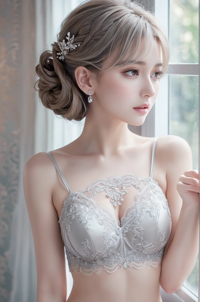 silver lace thong&Good, (((Very elegant and beautiful, Perfect detail, Super detailed))), whole body, The most detailed girl, Depth of written boundary, 美しく詳細なwhole body, Thin legs, 1 girl, 30 years old, Very short hair, Spiked Hair, Gray and silver hair, Beautiful detailed hair, Perfect Face, Expressionless, Beautifully detailed deep eyes, Open your mouth a little, Delicate arms and hands, Pale skin, Earrings, Beautiful and gorgeous necklace, Colorful background, HD background, Blurred Background, Very delicate and beautiful, Masterpiece, (((Highest quality, Very beautiful 8K CG wallpaper))), (((Trendy hairstyles))), (Inside the room,Stylish interior,window),