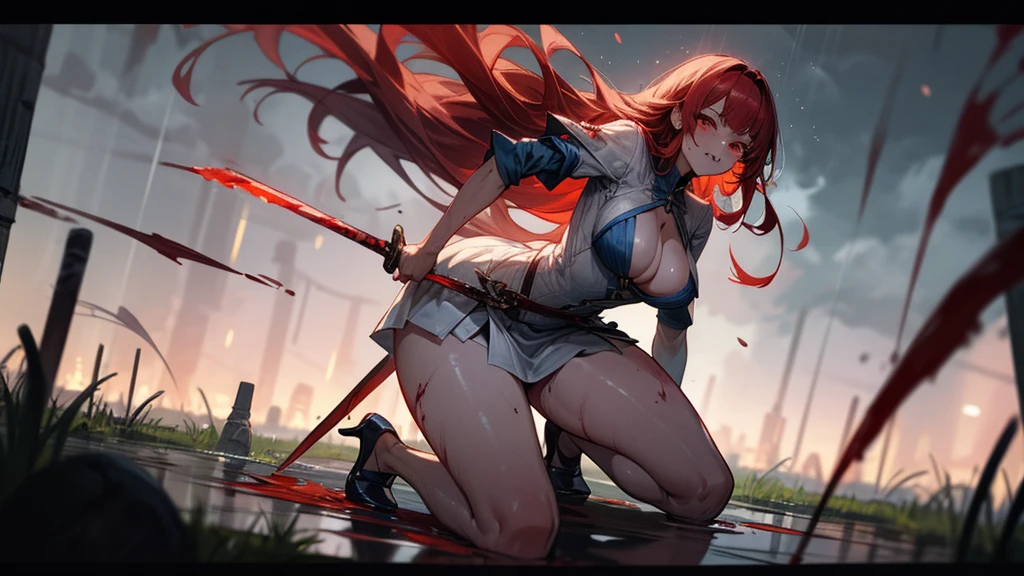 weird atmosphere, (best quality:1.1), (masterpiece:1.2), high quality shadow, beautiful detailed, (high detailed skin, skin details), (wide landscape, 8k), depth of field, highres, best illumination, (sexy), outdoors, blurry background, HD hair, beautiful face, perfect skin, red hair, long hair, (big breasts), blood particles, (night), sharp teeth, glowing red eyes,  blood on face, blood on clothes, blood splashing, female knight kneel in the war fields, white dress,  leavage, stocking, high heels, attack pose, close to viewer, gripping blue flame sword, heavy rain, in the grassland, foggy, wet body, wet hair, hair fluttering