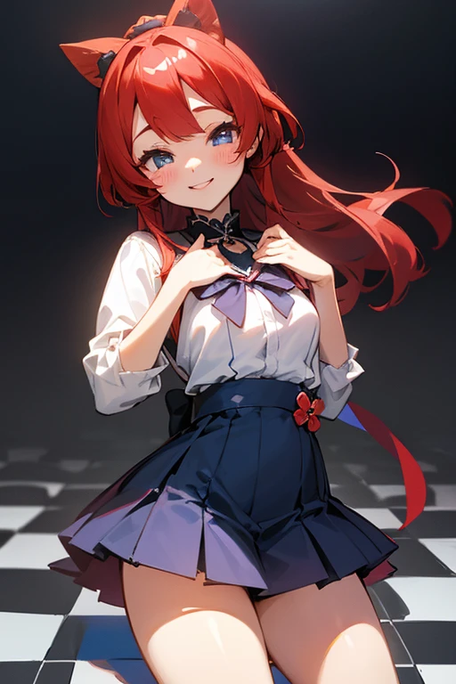 MS. cute、Taisho、Checkerboard Pattern、Beautiful Eyes、Embarrassing、Navy Blue and Red、A special smile、mini skirt、Center of chest、background、日本のTaisho浪漫、Redhead。