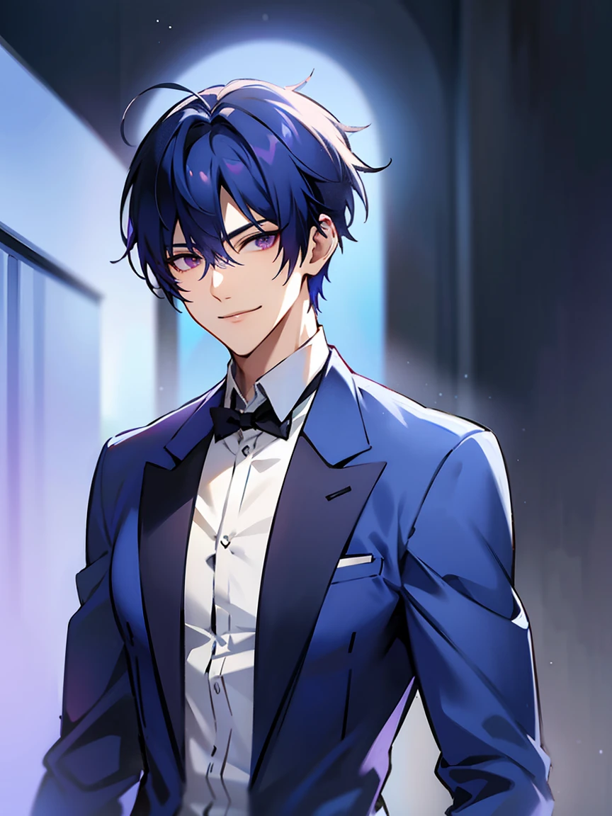 1 boy, alone, short hair, Blue Hair, Asymmetric fringe, Purple eyes, (mature male, mature:1.2), (Pixiv:1.4), good looking, Sharp eyes, Male Focus, high quality, masterpiece, Blue dress shirt, necklace, smile, Toned body, smile、front、whole body