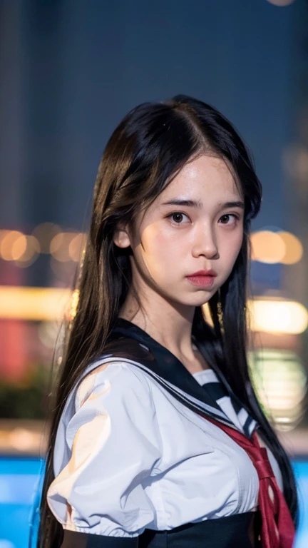 best quality, ultra high res, (photorealistic:1.4), 1girl, the girl wearing black sailor uniform, long hair, night, city scape background, city light, cinematic lighting, 80s filter, zoom to face, detailed face , looking at viewer, front view