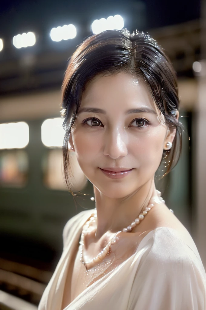 (((Very realistic front-on shots by professional photographers、A close-up American shot of an actress facing the camera, very Seductive pose, 32k, 7 heads、looking at viewer, Staring Intently :1.8))),(((A pure white, extremely thin fabric business short-sleeved open-neck shirt with a wide V-neck, Soaking wet、She is looking straight at the camera with a very shy look on her face.。Light makeup and no piercings,A simple and modest pearl necklace:1.4)))。((Highest quality)), ((masterpiece)), (((detailed))), (midnight ,A modern train station platform in Tokyo on a dark, pouring, stormy night, Low Key Lighting:1.6)、(((A very beautiful, extremely elegant and intelligent 39-year-old Japanese woman。Very intelligent, with a goddess-like face and figure。An extremely elegant, calm and modest smile, Being drunk、My eyes are quite watery、I&#39;m very horny、embarrassed ,blush, Curvy Body、Extremely realistic, detailed and beautiful facial depictions:1.9)))、(((A short, well-groomed, shiny black haircut。The skin is white and very smooth。A very hot rainy summer night、I&#39;m pretty sweaty、My clothes were soaking wet and transparent、When wet, it sticks perfectly to your skin, revealing your beautiful body lines.、Through the extremely thin fabric, her skin and her navy blue, lacy, high-end underwear are clearly visible.:1.9)))。(((A simple and elegant business pencil skirt in a plain navy blue knee-length,The clothes fit the body very well:1.8))), (Healthy Body、The line of the chest, collarbone and décolletage are extremely beautiful.:1.9)。(((large&good hips、large&nice chests )))