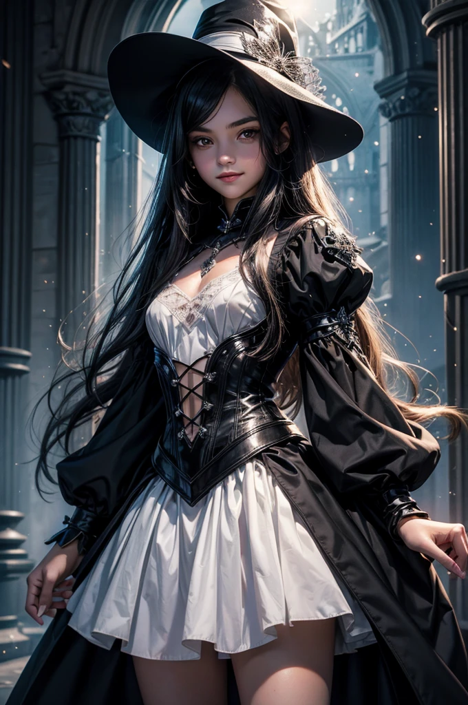 Perfect human body modeling, 1 girl, cute girl, pretty face, bitter smile, 12 years old, Beautiful black long hair, beautiful eyes, flat chest, small build, No muscles, white skin, wizard, Big magic wand, gothic skirt, magical girl, little Medieval Dress, Princess Dresses, Big black hat, light particles, light sparkles, lens flare, Light particles, Magic light, strong light