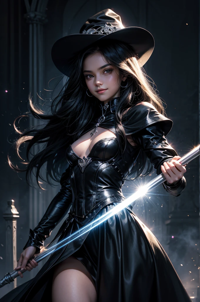 Perfect human body modeling, 1 girl, cute girl, pretty face, bitter smile, , Beautiful black long hair, beautiful eyes, flat chest, small build, No muscles, white skin, wizard, Big magic wand, gothic skirt, magical girl, little Medieval Dress, Princess Dresses, Big black hat, light particles, light sparkles, lens flare, Light particles, Magic light, strong light