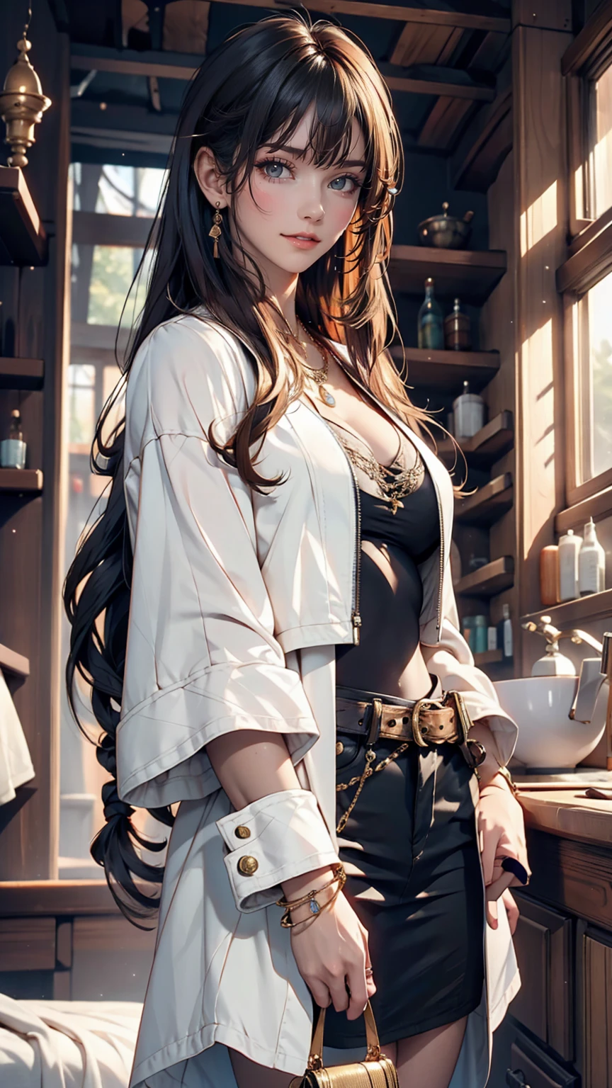 masterpiece, High resolution, screenshot, Highest quality, One girl, (Scar on left eye), White cropped jacket, Very detailed, Three-part method, jewelry, Long Hair, bangs, Hair between the eyes、24-year-old female、Sexy proportions、Sexy、Narrow waist、ウエストjewelry付ける、Wear accessories on your wrist