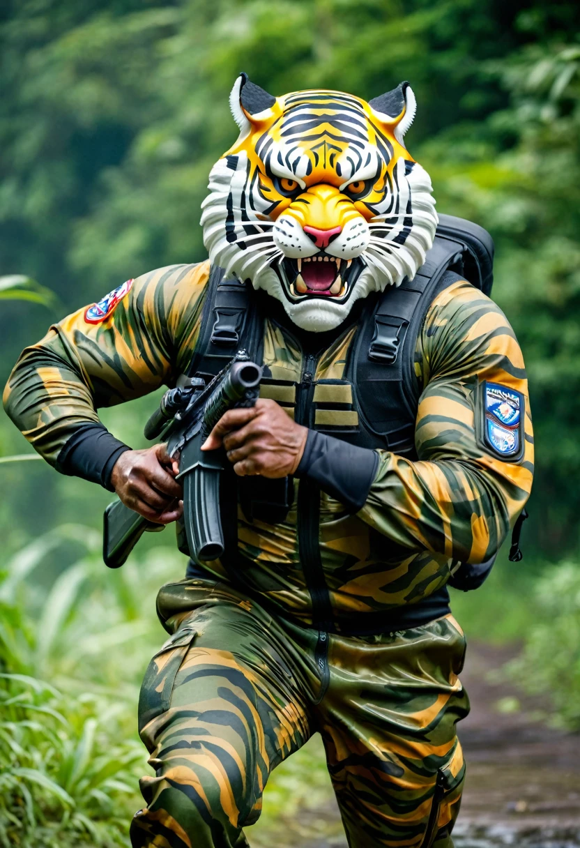 (a dark-skinned fat muscular old man in a bulky army camouflage zipper diver suit) running and shooting with a rifle, (wearing realistic roaring siberian tiger mask), muscular, Bruce Onobrakpeya, sumatraism, stanley artgermm, action, heroic, fierce, snarling