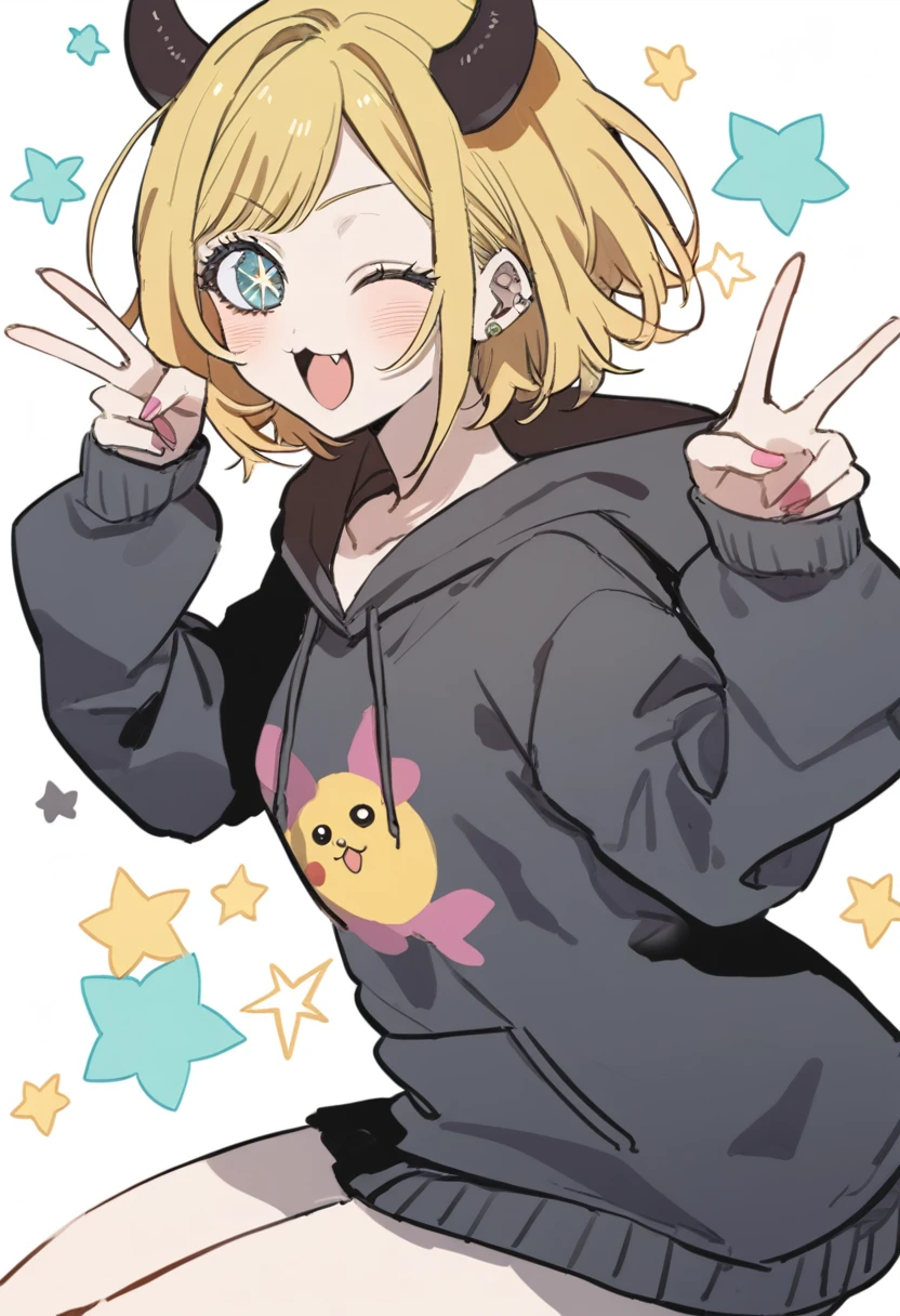 1girl, style:inu totemo, mem-cho, oshi no ko, :3, arched bangs, horn, black_horns, black hair, black hoodie, blonde hair, blue eyes, blush, double v, fang, from side, hood, hoodie, long sleeves, looking at viewer, memcho, multicolored hair, one eye closed, open mouth, roots, short hair, solo, star (symbol), two-tone hair, v, masterpiece, best quality,  