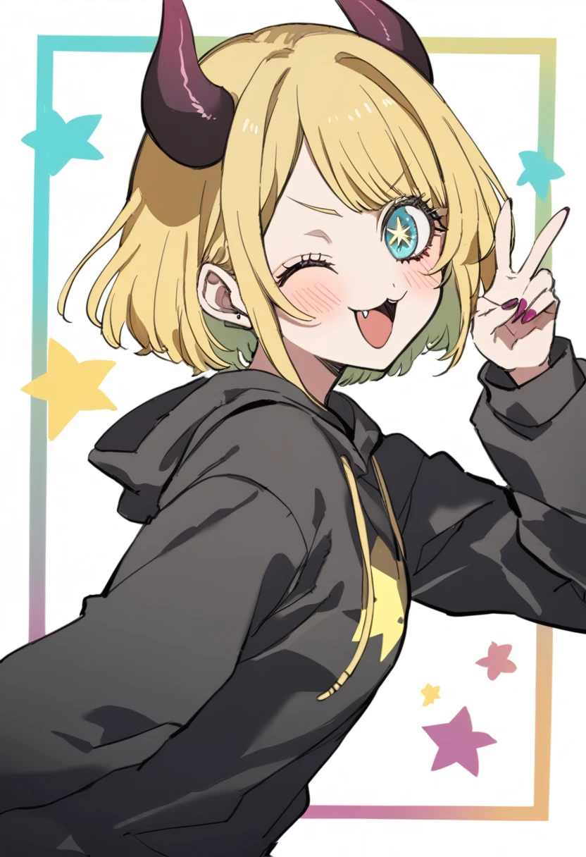 1girl, style:inu totemo, mem-cho, oshi no ko, :3, arched bangs, horn, black_horns, black hair, black hoodie, blonde hair, blue eyes, blush, double v, fang, from side, hood, hoodie, long sleeves, looking at viewer, memcho, multicolored hair, one eye closed, open mouth, roots, short hair, solo, star (symbol), two-tone hair, v, masterpiece, best quality,  