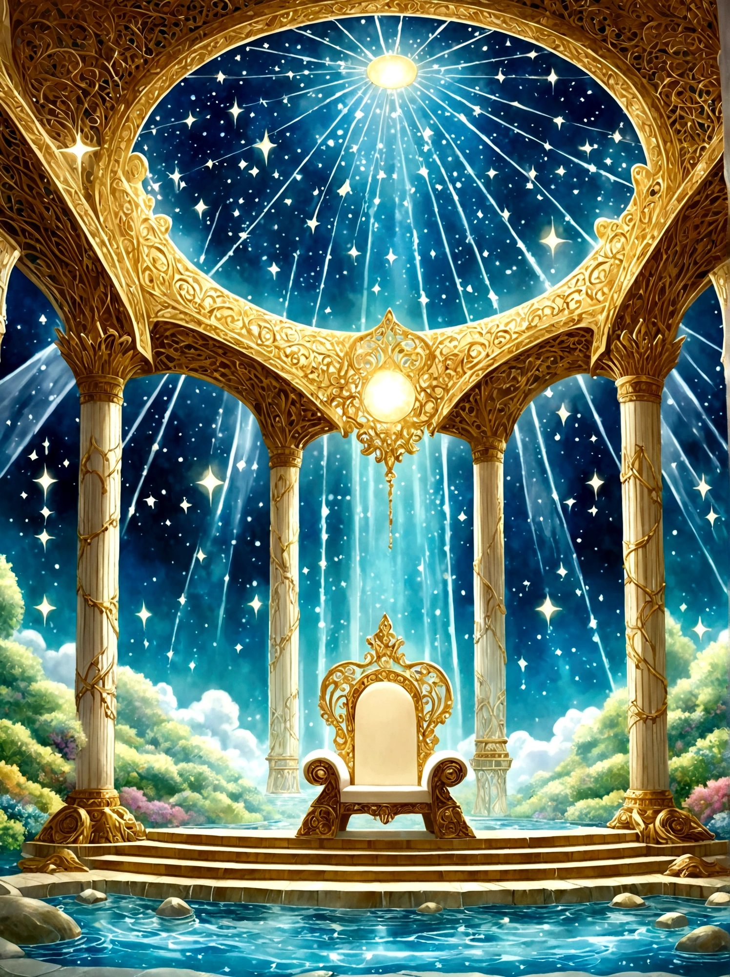 Imagine a majestic throne room beyond the mortal realm., As recorded in the Book of Enoch, The room is full of grandeur, Pure, shimmering crystals. Beside the throne, Four streams spring forth, Symbolizing the four rivers of paradise, The room is brightly lit, The floor is like a shining light, clear crystal, Beautifully carved pearly gates lead into the room., Countless stars twinkle on the high ceiling、, Heavenly Ceiling, soft, A mysterious mist hangs in the air, Enhances the mysterious atmosphere