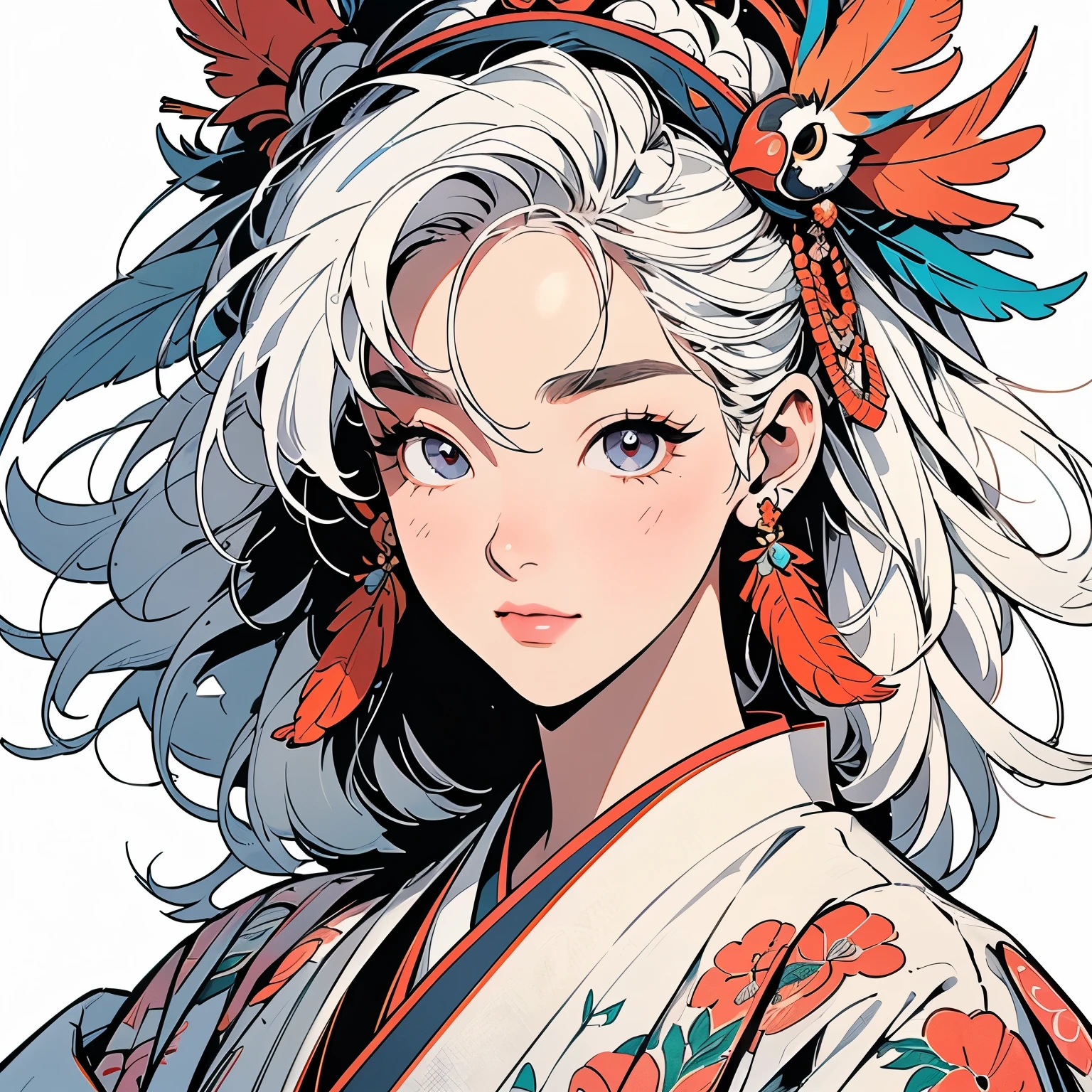 kimono, 完璧なkimono, 詳細なkimono, first-class, Super detailed, White background only, (((Super detailedな装飾))),One Woman, Perfect Face, Faint lighting, (((head shot))), Super detailedな髪、(((Sparkling Eyes))),mysterious, The wind is blowing, Apparition, Japanese style, Panorama, Long Shot, (((Narrow-eyed beauty))),(((Indian-style feather headdress on head))),Upper Body,(((Complex eye pattern)))、(((He wears an intricate bird-head mask on his head.)))、A beautiful woman、Detailed face、Best quality face、Large feather ornament、(((White Hair)))、peacock feathers