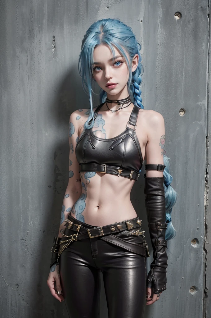 (RAW photo, best quality), Cute jinx girl with long light blue hair, (double ponytail), (hair over one eye), (blue eyes), (alley background), frontal sunlight, jinxlol, cute smile, gorgeous face , super cute, punk, healthy face, 17 years old , young looking, hyper detailed face, detailed skin, heavy dark eyeliner, (enormous super sized breast), ((tight dirty and worn down leather pants with a lot of wrinkles and scratches)), LowriseXL, ((belt bra)), ((leaning back against wall)), ((multiple studded belts, bullet belts and thigh belts))), (((two black leather collars))), exposed midriff, tattoos, leather arm sleeves, ((many hip chains)), ((rock hard abs)), putting weight on one leg, (((navel piercing)))