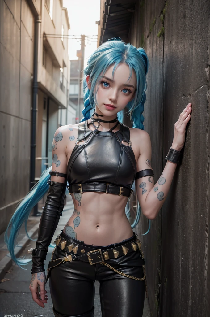 (RAW photo, best quality), Cute jinx girl with long light blue hair, (double ponytail), (hair over one eye), (blue eyes), (alley background), frontal sunlight, jinxlol, cute smile, gorgeous face , super cute, punk, healthy face, 17 years old , young looking, hyper detailed face, detailed skin, heavy dark eyeliner, (enormous super sized breast), ((tight dirty and worn down leather pants with a lot of wrinkles and scratches)), LowriseXL, ((belt bra)), ((leaning back against wall)), ((multiple studded belts, bullet belts and thigh belts))), (((two black leather collars))), exposed midriff, tattoos, leather arm sleeves, ((many hip chains)), ((rock hard abs)), putting weight on one leg, (((navel piercing)))