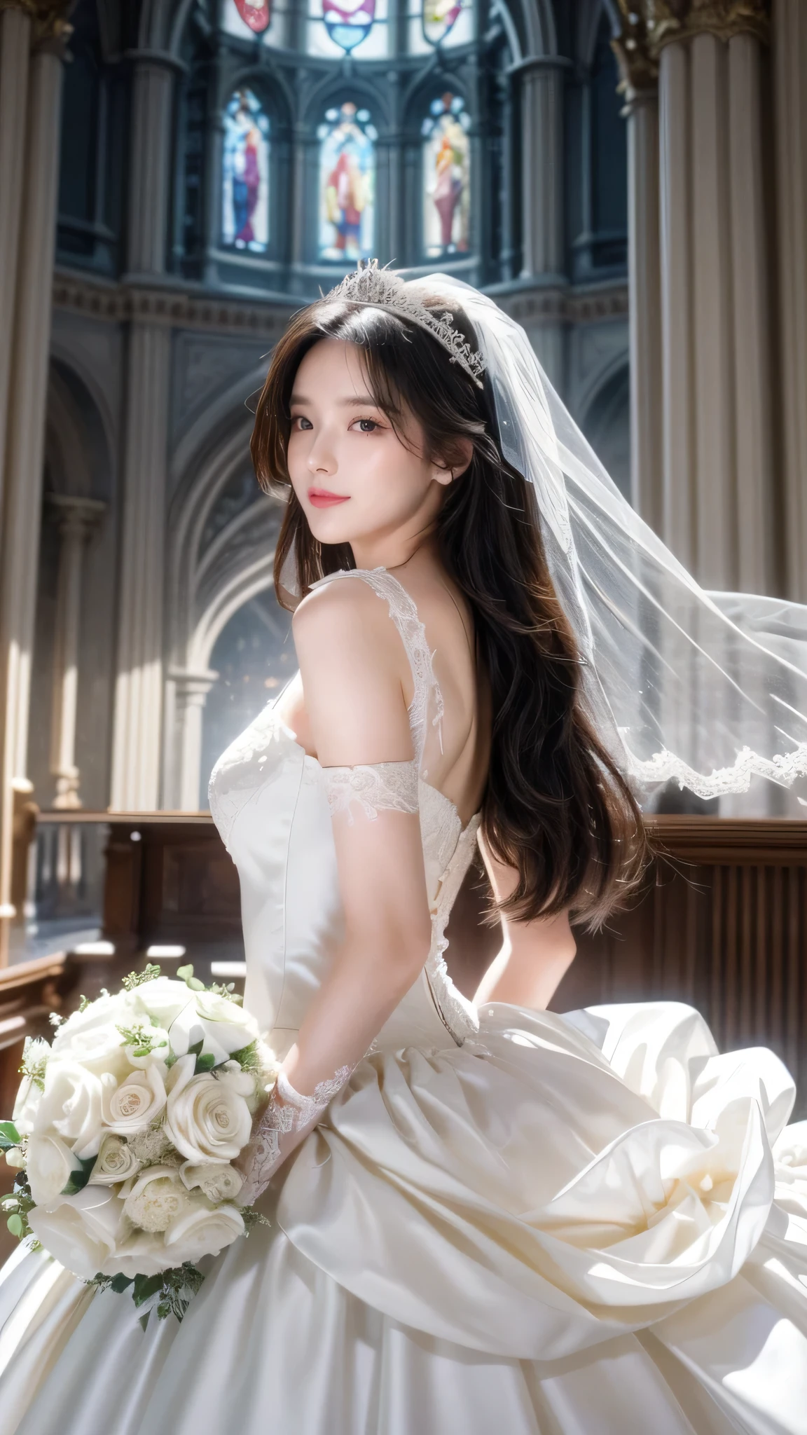 (best quality, masterpiece:1.2), (Practical:1.3),, (ultra-Detailed background, Detailed background), Bokeh,, , Gorgeous ball gown, Luxurious Ball Gown, Wedding dress, Wedding Veil, Bridal Gloves, Bridal Cascading Bouquet,, Upper Body,, Church Wedding,, , 1 Girl, Lovely, ager, Strike a pose, Smile,, Dynamic Angle, Dynamic poses,, , Very long hair