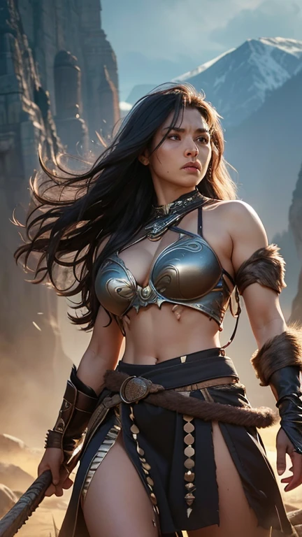 In a world where ancient forests cloak hidden dangers and mountains echo with the cries of wild beasts, a barbarian woman warrior stands resolute. Her hair, untamed like the wild lands she roams, cascades around her shoulders, while her eyes burn with the fierce intensity of a survivor. Clad in a patchwork of animal hides and gleaming trophies from countless battles, she grips her massive, battle-scarred axe with practiced ease. Scars adorn her sun-bronzed skin, each one a testament to a hard-fought victory. With every step, she exudes a raw power and unyielding spirit, ready to confront any foe that dares to cross her path. Describe the moment she confronts a formidable enemy, the air thick with anticipation, as she prepares to unleash her warrior’s wrath.
