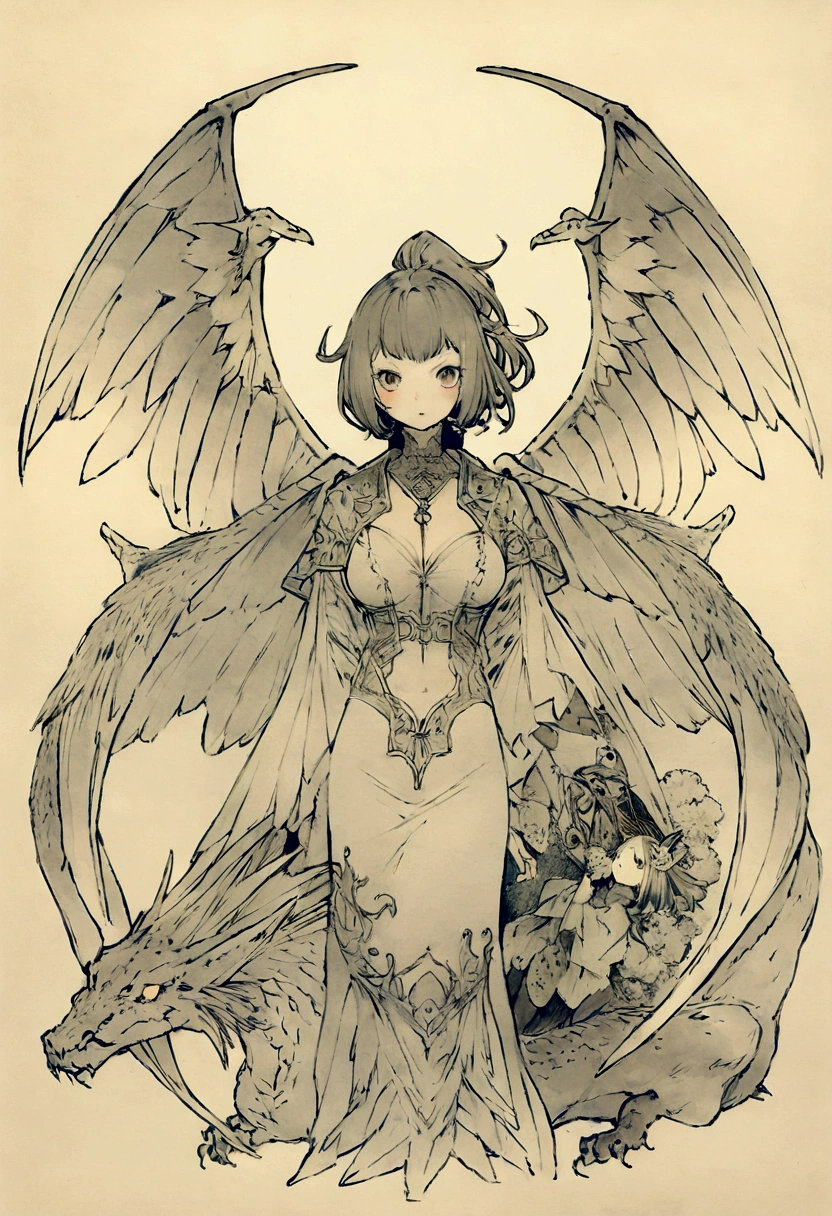 a drawing of two women with wings and a dragon, Inspired by Yoshitaka Amano, Bastien Yoshitaka Amano, Yoshitaka Amano, yoshitaka amano character design, inspired by Masamune Shirow, By Katsuya Terada, By Yoshitaka Amano, inspired By Katsuya Terada