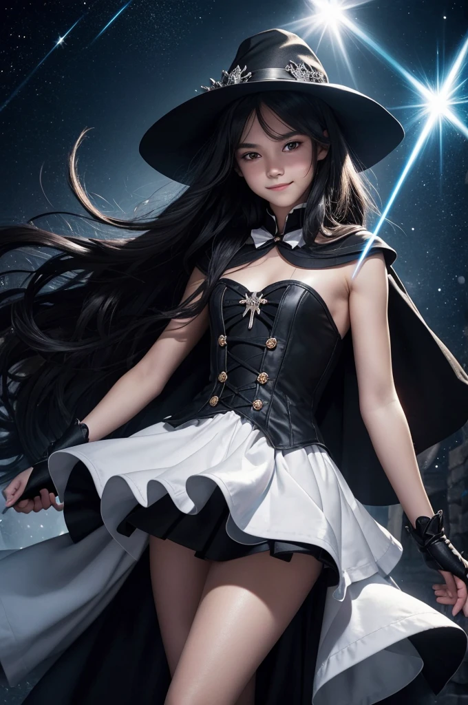 Perfect human body modeling, 1 girl, cute girl, pretty face, bitter smile, 12 years old, Beautiful black long hair, beautiful eyes, flat chest, small build, No muscles, white skin, wizard, Big magic wand, gothic skirt, magical girl, little Medieval Dress, Princess Dresses, Big black hat, light particles, light sparkles, lens flare, Light particles, Magic light, strong light