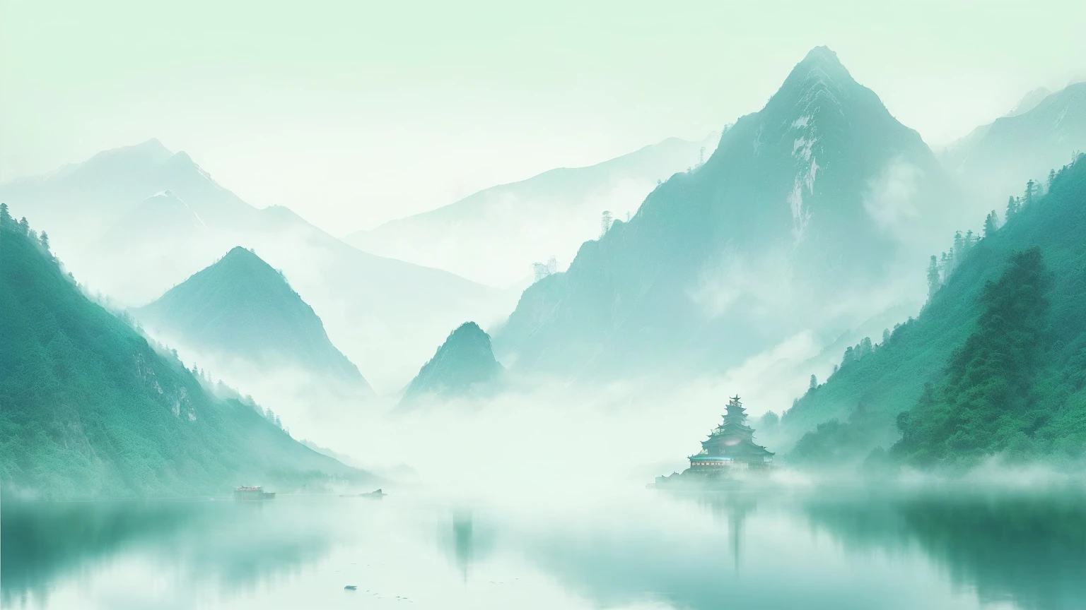 there is a boat that is floating in the water near the mountains, serene landscape, chinese watercolor style, mountains in fog background, mist, ethereal landscape, detailed scenery —width 672, misty mountains, mist from waterfall, chinese landscape, beautiful serene landscape, water landscape, water mist, dreamy landscape, cyan mist, background artwork, peaceful landscape, water mists