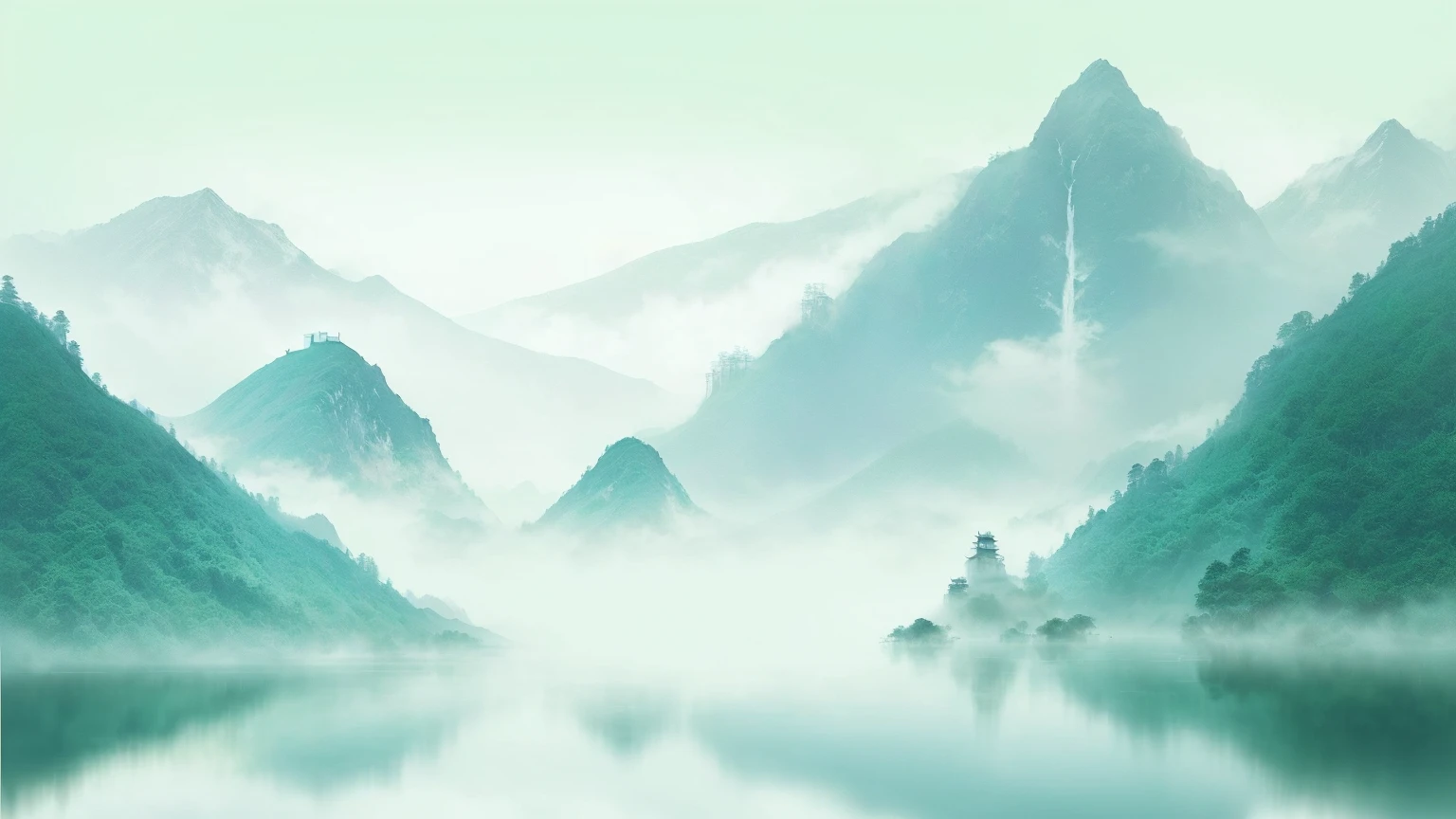 there is a boat that is floating in the water near the mountains, serene landscape, chinese watercolor style, mountains in fog background, mist, ethereal landscape, detailed scenery —width 672, misty mountains, mist from waterfall, chinese landscape, beautiful serene landscape, water landscape, water mist, dreamy landscape, cyan mist, background artwork, peaceful landscape, water mists