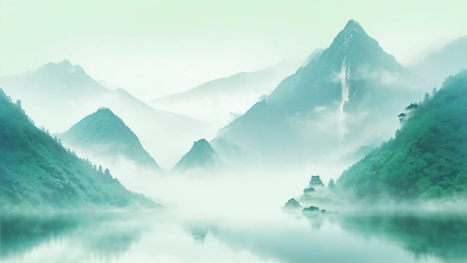 there is a boat that is floating in the water near the mountains, serene landscape, chinese watercolor style, mountains in fog background, mist, ethereal landscape, detailed scenery —width 672, misty mountains, mist from waterfall, chinese landscape, beautiful serene landscape, water landscape, water mist, dreamy landscape, cyan mist, background artwork, peaceful landscape, water mists