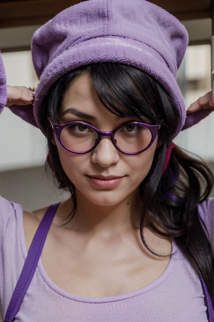 Black hair wearing a red hat and wearing funny face glasses and wearing a purple shirt and wearing purple pants and pink gloves