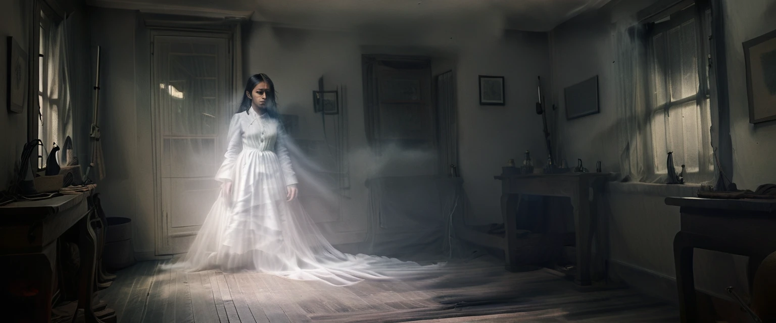 A young Indonesian male student, about 23 years old, stood frozen in fear in his dimly lit bedroom in an old Dutch colonial style house at night. The male student sat on the bed while Maria stood at the end in front of their door facing each other. Maria is a very scary ghost figure who has long messy hair, a pale and gaunt face, sunken eyes, and wears a vintage white dress that is tattered but slightly beautiful, from her eyes. The scene is filled with eerie shadows, and Maria's menacing and terrifying presence, creating a very tense and frightening atmosphere. (masterpiece, 8K, super realistic, full body, one shoot, super details, super focus, mystic, mysterious)