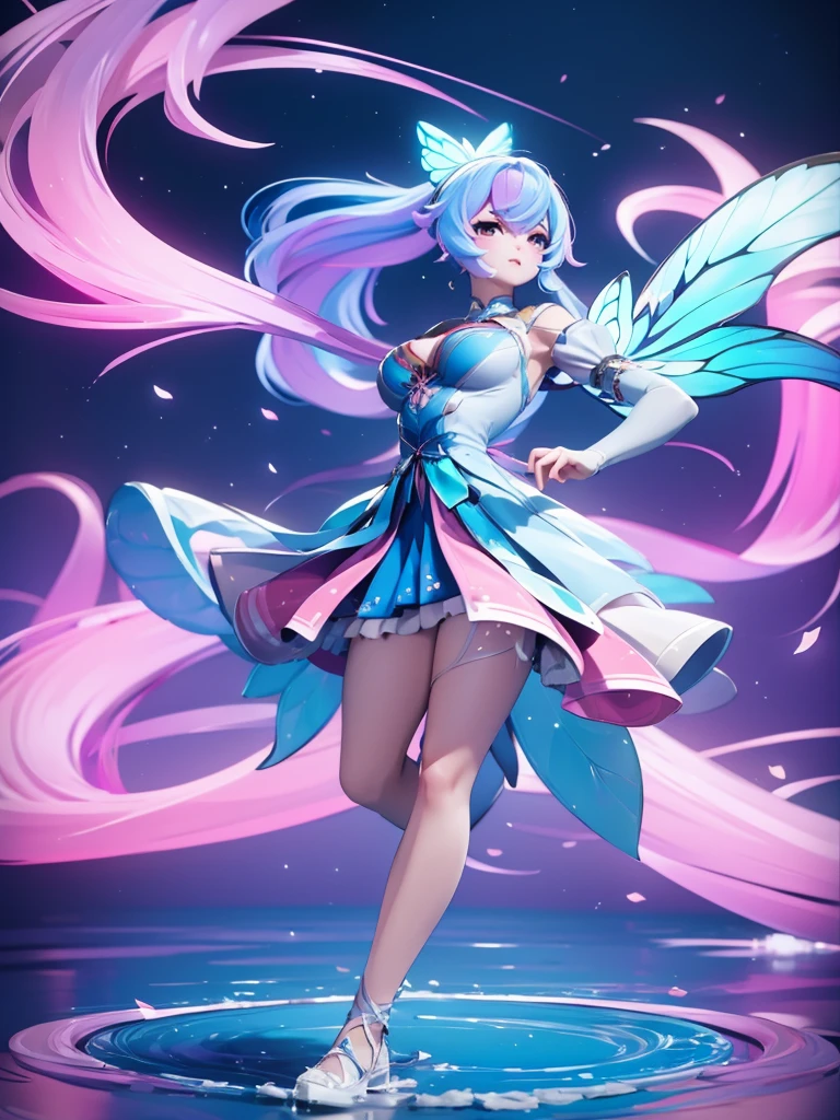 Seizo Watase style, Simple Line Initialism，Abstract art, 3d character, colorful hearts ,(((The most beautiful girl of all time))),  (full body 1.2), only girl, long hair, bufferfly and sky background, 25 year old, full body, (((8k))), (((3d)), blue and pink hair, Large butterfly wings on the back,  moon, dancing in ice