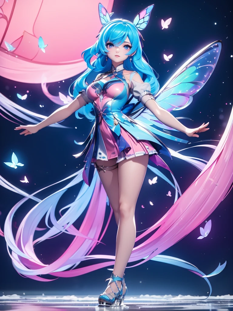 Seizo Watase style, Simple Line Initialism,Abstract art, 3d character, colorful hearts ,(((The most beautiful girl of all time))), (full body 1.2), only girl, long hair, bufferfly and sky background, 25 year old, full body, (((8k))), (((3d)), blue and pink hair, Large butterfly wings on the back, moon, dancing in ice