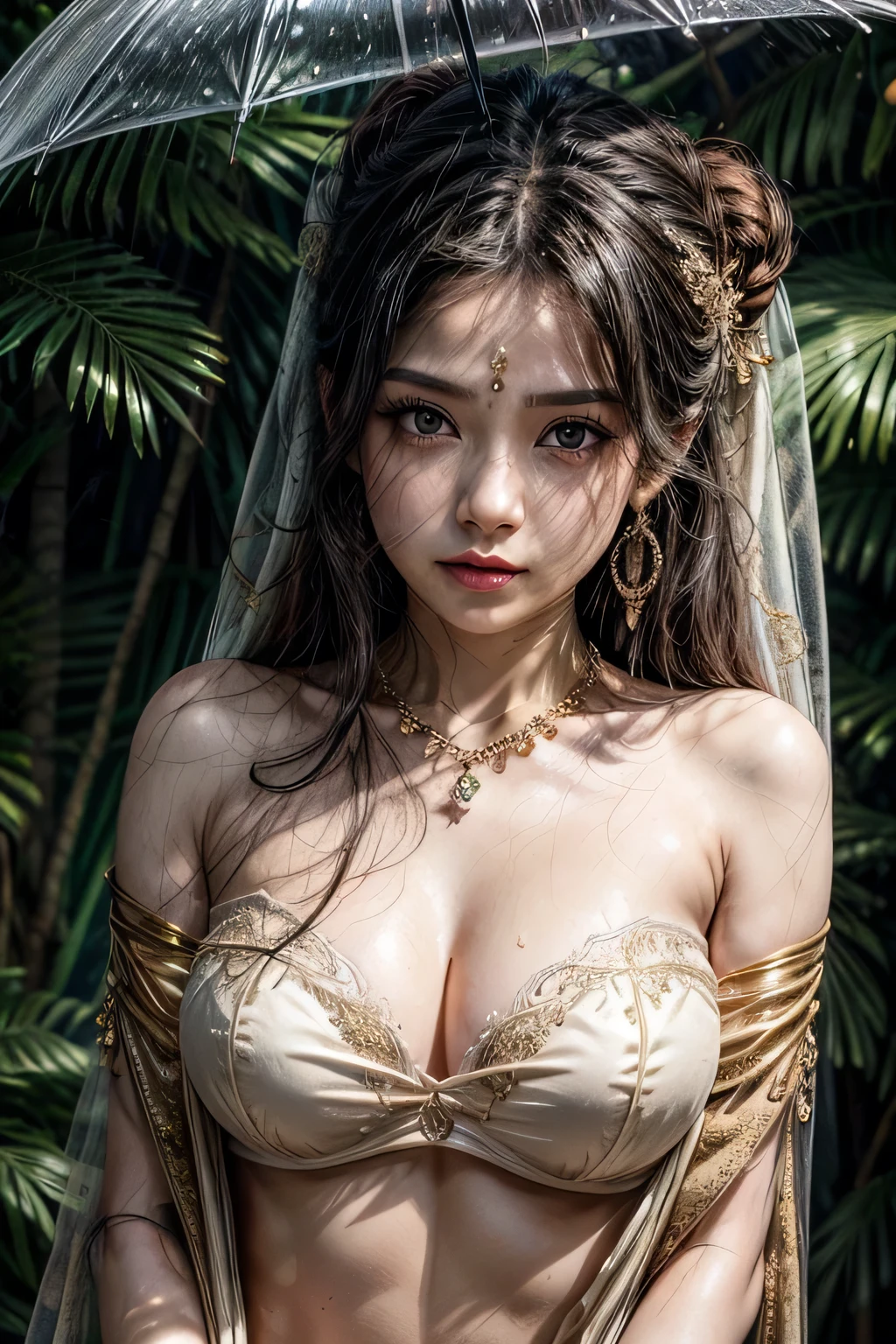 A beautiful young maiden, standing in the rain, breasts big, long hair tied in a bun, wearing a strapless bra and a see-through sarong, wearing heavy makeup, long eyelashes, mascara on the eyes, wearing golden ornaments, Bindi, long earrings, necklase, arm bands, wristbands, nose ring and waist chain, wetclothes, worried look, Cave at the bottom