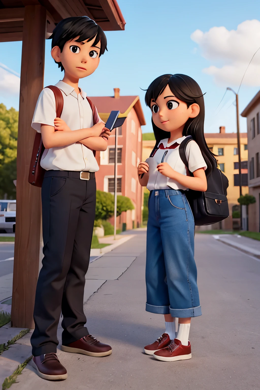 After school, a little boy (black hair, big eyes) and Xiaoli (very pretty, long black hair, big eyes) stand next to the school bus stop. The little boy whispers to Xiaoli, "You did it on purpose, didn't you?" Xiaoli smiles and whispers, "I've had this experience before." In the background, other students are waiting for the school bus. . The background is at the school gate. Dynamic, 3D realistic, realistic animation, detailed emotions, Pixar style, detailed rich and realistic, 9:16 vertical image.