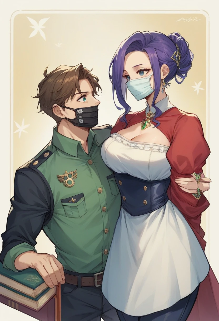 Violet is a beautiful cute girl with a blue-green cascade hairstyle ,dark azure eyes and she is dressed nicely but in a  like a guy with his name badge "Oblakova" and next to her stands a guy wearing an expensive elite Gucci  .and Louis Vuitton sneakers, you can see that the rich heir is wearing a black medical mask and his eyes are the color of the bright sun with a hint of green grape color .make them stand in bewilderment, their lips almost touching, and in the background they have a red-dark sunset and the title of a book: "Savior of my love"it is written beautifully in Russian and beautifully written aesthetically and elegantly.Draw a beautiful mega cover in 5D to attract people&#39;s attention