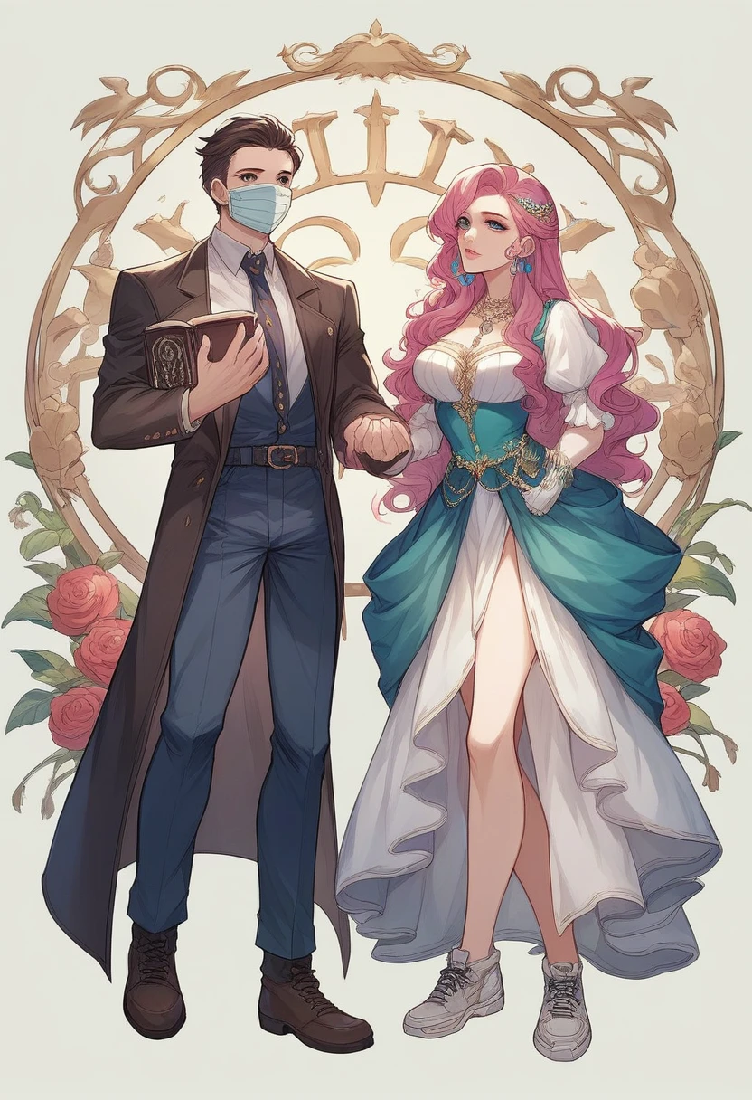 Violet is a beautiful cute girl with a blue-green cascade hairstyle ,dark azure eyes and she is dressed nicely but in a like a guy with his name badge "Oblakova" and next to her stands a guy wearing an expensive elite Gucci .and Louis Vuitton sneakers, you can see that the rich heir is wearing a black medical mask and his eyes are the color of the bright sun with a hint of green grape color .make them stand in bewilderment, their lips almost touching, and in the background they have a red-dark sunset and the title of a book: "Savior of my love"it is written beautifully in Russian and beautifully written aesthetically and elegantly.Draw a beautiful mega cover in 5D to attract people's attention