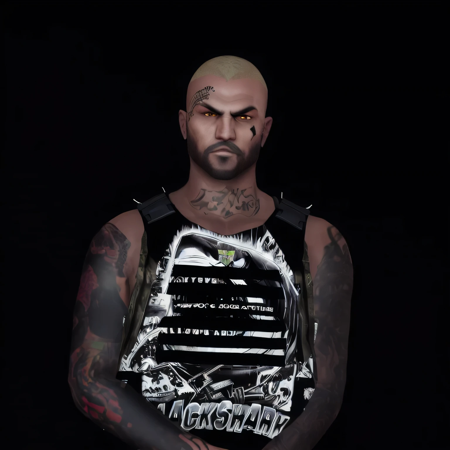 arafed man with tattoos and a black vest with a black background, inspired by Volkan Baga, as a character from gtav, gta character, mechanic punk outfit, technoviking male with no shirt, gta 5 skin tone, upper body avatar, inspired by Dave Arredondo, as a character in tekken, as the protagonist of gta 5