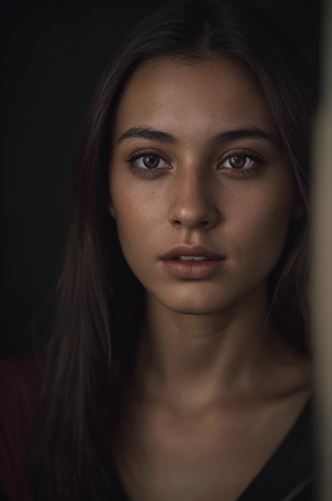 (close-up, editorial photograph of a 21 year old woman), (highly detailed face:1.4) (smile:0.7) (background inside dark, moody, private study:1.3) POV, by lee jeffries, nikon d850, film stock photograph ,4 kodak portra 400 ,camera f1.6 lens ,rich colors ,hyper realistic ,lifelike texture, dramatic lighting , cinestill 800,