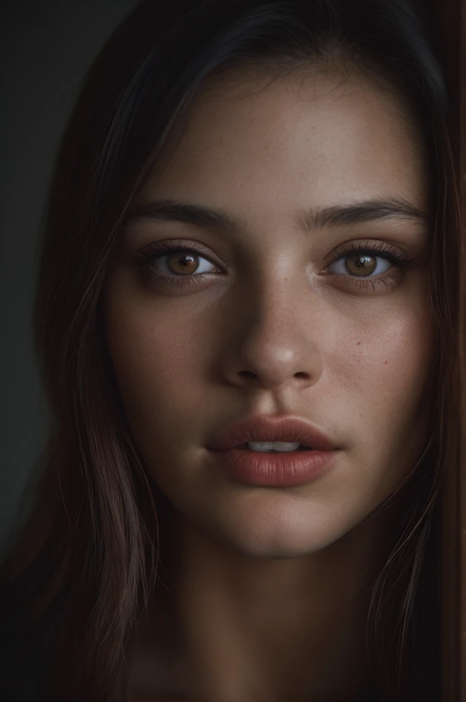 (close-up, editorial photograph of a 21 year old woman), (highly detailed face:1.4) (smile:0.7) (background inside dark, moody, private study:1.3) POV, by lee jeffries, nikon d850, film stock photograph ,4 kodak portra 400 ,camera f1.6 lens ,rich colors ,hyper realistic ,lifelike texture, dramatic lighting , cinestill 800,