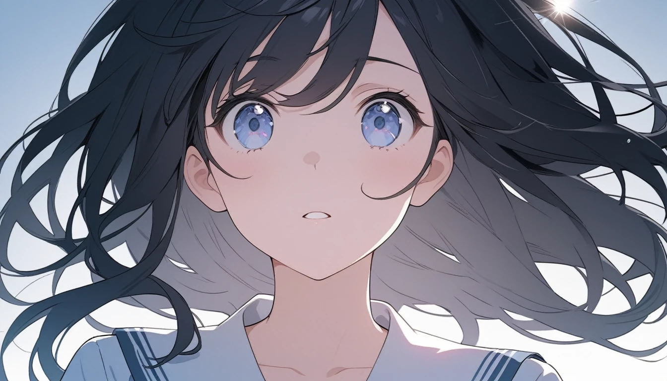 A high school girl in a summer sailor uniform looks up at the sky with a fragile expression on her face.
The summer sun shines on her.
Black hair, straight, long, shiny hair.
The background is a light, cool, bright monochromatic blue.
The image is vividly rendered with a touch that reproduces a dainty maiden.If the completion score for this project is 60 points, please give us a 100 point completion score work.