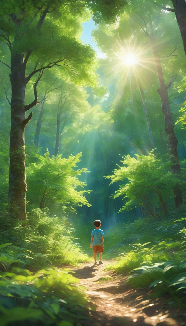 "Create a vivid acrylic painting capturing the essence of a dreamy summer forest. Picture lush, verdant trees with dappled sunlight filtering through the canopy, casting gentle shadows on the forest floor. In a serene clearing, a young boy stands, his face uplifted towards the expansive blue sky adorned with fluffy, white clouds. The scene evokes a sense of wonder and tranquility, inviting viewers to immerse themselves in the beauty of nature's quiet majesty, octane render, HD, extremely detailed, smooth, beautiful, shiny, volumetric light."