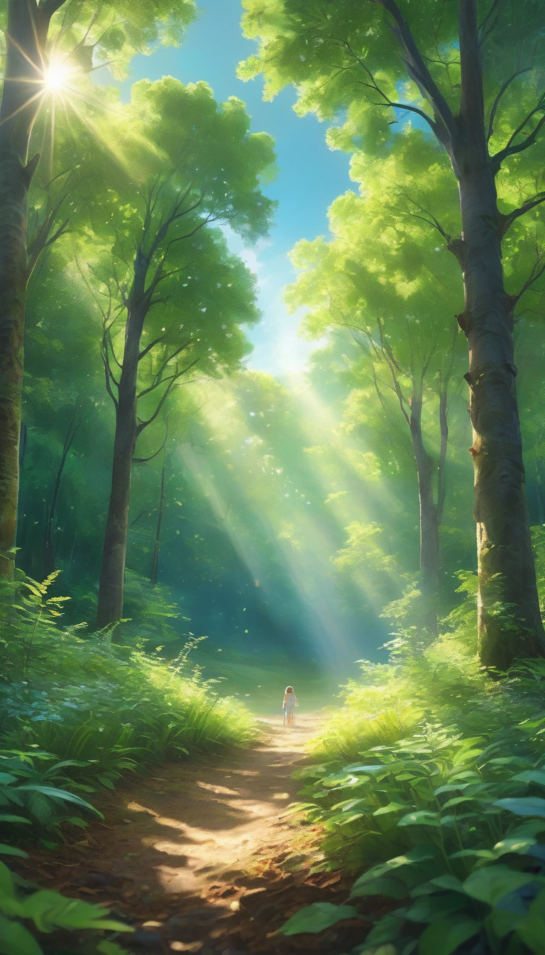 "Create a vivid acrylic painting capturing the essence of a dreamy summer forest. Picture lush, verdant trees with dappled sunlight filtering through the canopy, casting gentle shadows on the forest floor. In a serene clearing, a young boy stands, his face uplifted towards the expansive blue sky adorned with fluffy, white clouds. The scene evokes a sense of wonder and tranquility, inviting viewers to immerse themselves in the beauty of nature's quiet majesty, octane render, HD, extremely detailed, smooth, beautiful, shiny, volumetric light."