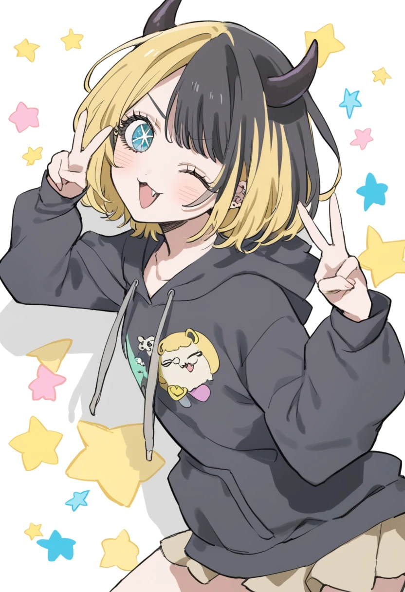 1girl, style:inu totemo, mem-cho, oshi no ko, :3, arched bangs, horn, black_horns, black hair, black hoodie, blonde hair, blue eyes, blush, double v, fang, from side, hood, hoodie, long sleeves, looking at viewer, memcho, multicolored hair, one eye closed, open mouth, roots, short hair, solo, star (symbol), two-tone hair, v, masterpiece, best quality,  