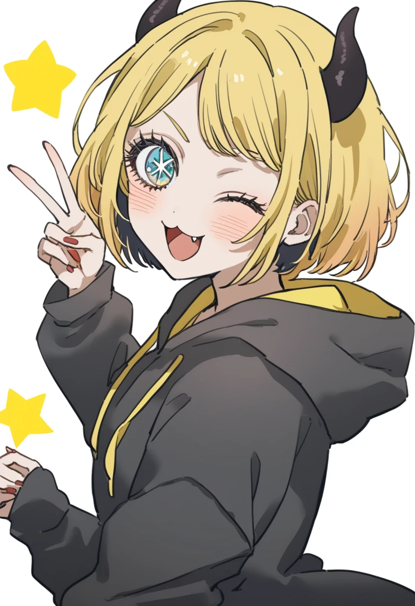 1girl, style:inu totemo, mem-cho, oshi no ko, :3, arched bangs, horn, black_horns, black hair, black hoodie, blonde hair, blue eyes, blush, double v, fang, from side, hood, hoodie, long sleeves, looking at viewer, memcho, multicolored hair, one eye closed, open mouth, roots, short hair, solo, star (symbol), two-tone hair, v, masterpiece, best quality,  