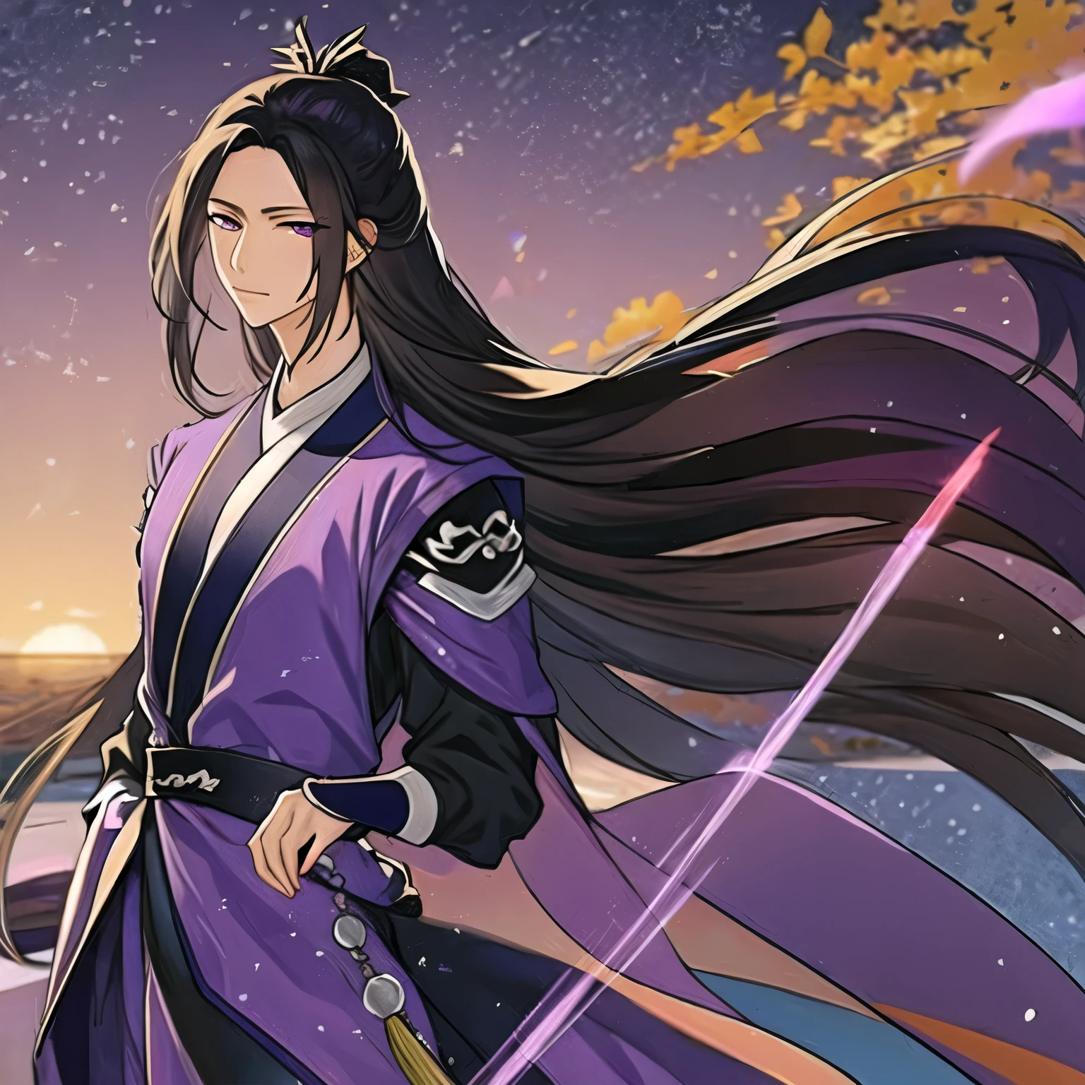 (masterpiece, best quality:1.2), 1male, solo, jiang cheng, mo dao zu shi, mdzs, purple and black clothes, purple eyes, long black hair, perfect anatomy