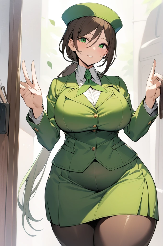 masterpiece, Highest quality, 1 person,(  Are standing, View your viewers),Detailed Background、A person who writes in detail、Accurate human body、Knowledgeable person、Accurate 5 fingers, woman,Thick thighs,Curvy body,alone, hayakawa tazuna,low ponytail,green headwear,green jacket,green skirt,pantyhose